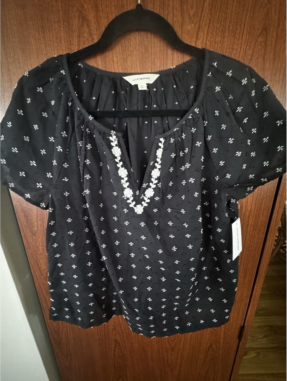 Lucky Brand Womens Small Black Clip Dot Embroidered Peasant Boho Blouse NWT